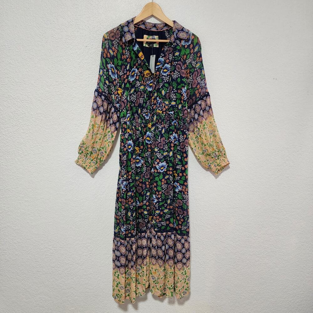 Anthropologie Floral Print Long Sleeve Elastic Waist Maxi Dress Large Petite NWT - Picture 3 of 14